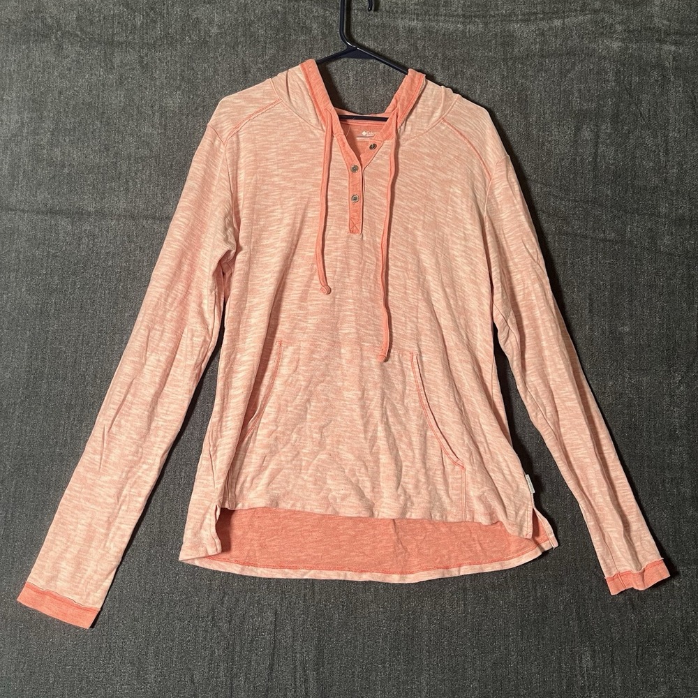 Columbia Sportswear Space Dye Henley Hoodie Womens Large Pink Coral Lightweight
